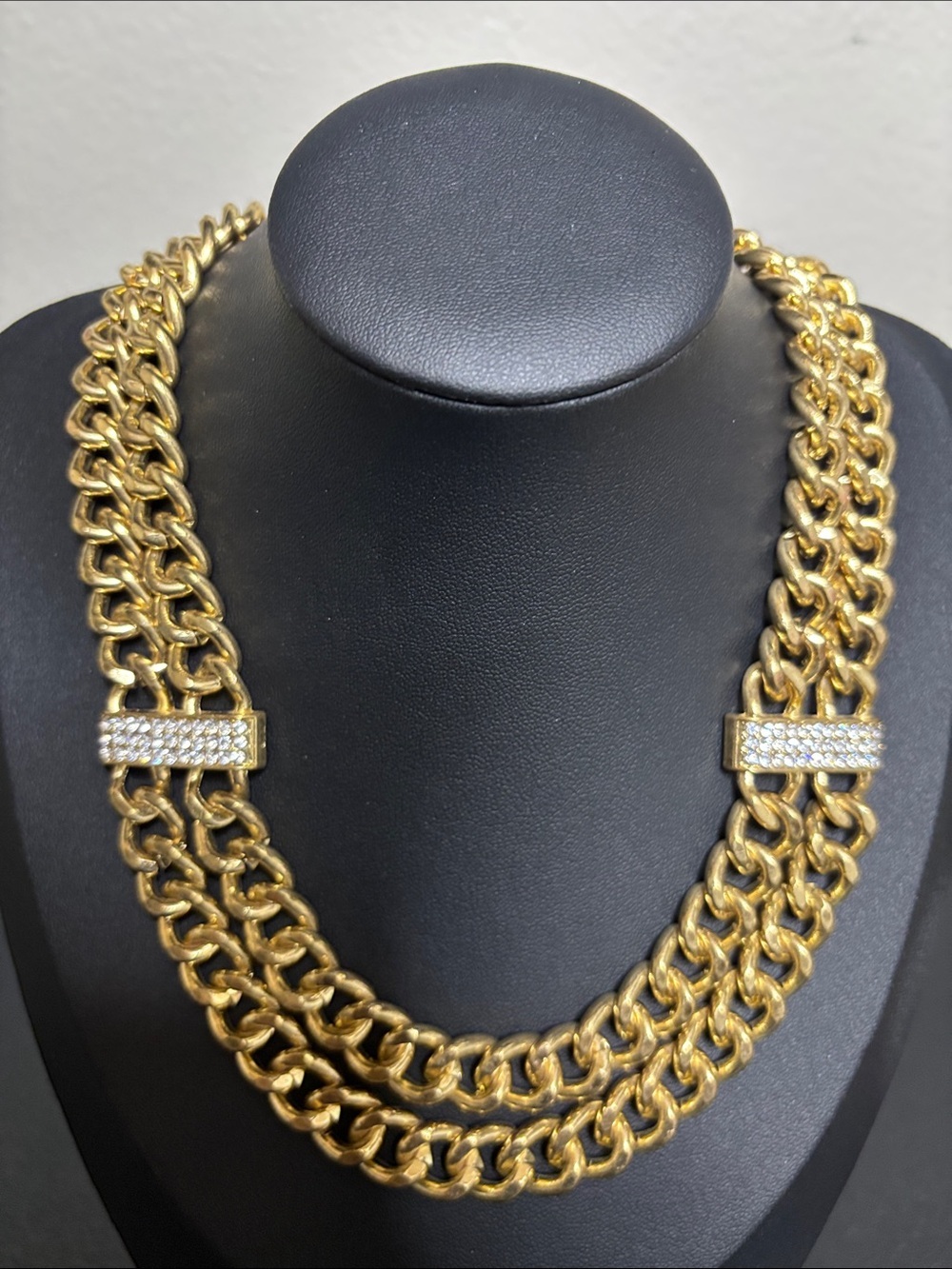 Chunky Gold Double Row Chain Choker Necklace Crystal Accents Statement Jewelry